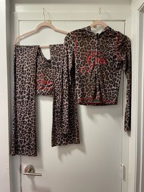 I.AM.GIA Leopard Print Hooded Pajama Set with Red Script